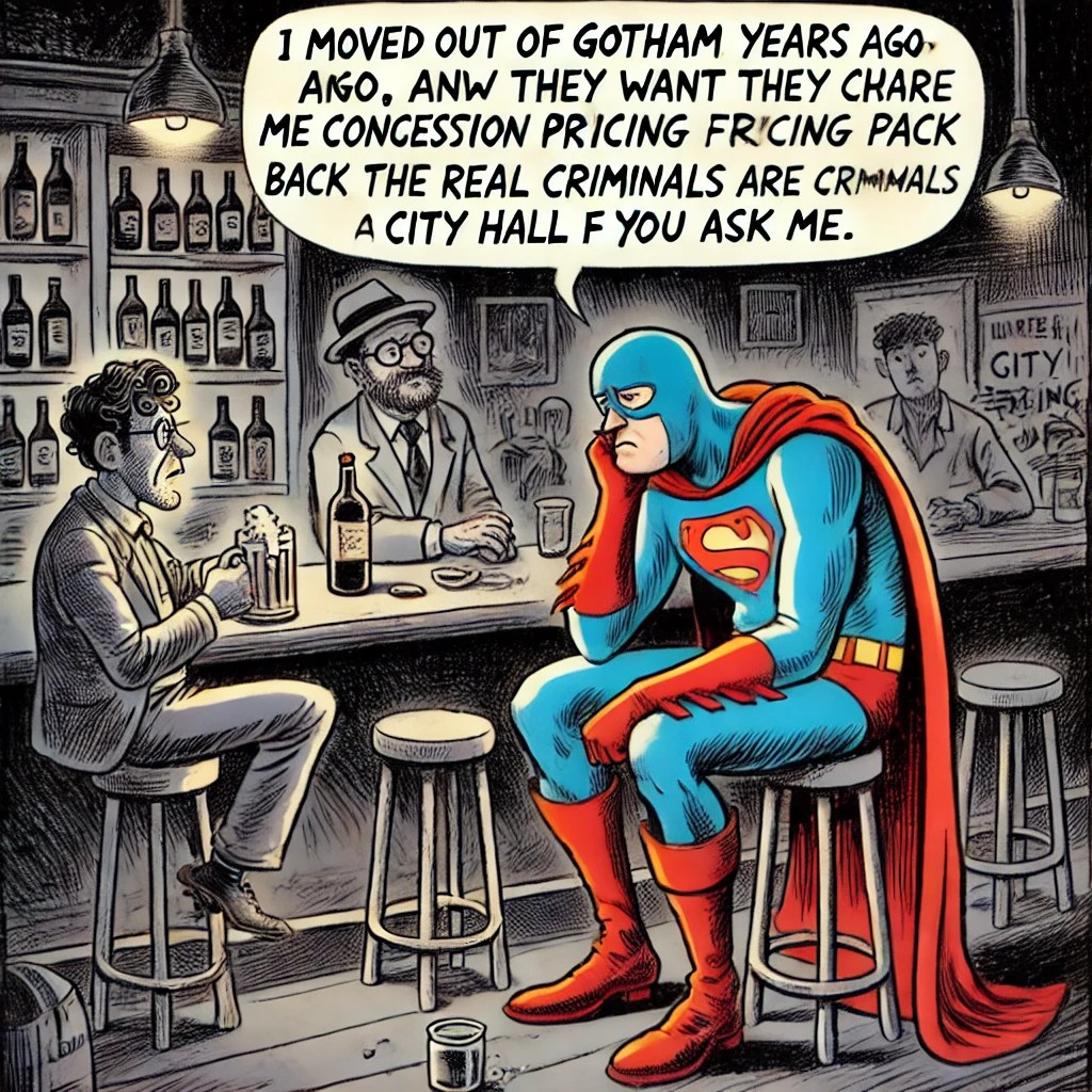 one image of Superman and one of Batman. Both are at a having a drink, complaining about the high cost of living and taxes in NYC .